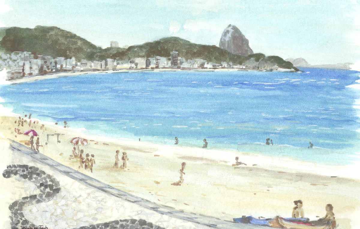 Aquarela da praia de Copacabana com o Pao de Acucar ao fundo, da serie "Aquarelas Cariocas"