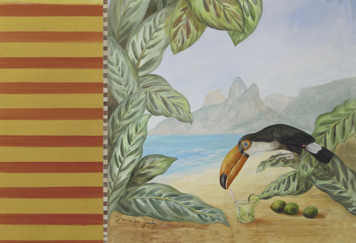 Tucano com caipirinha entre folhagens e listras, da serie "Atlantica"