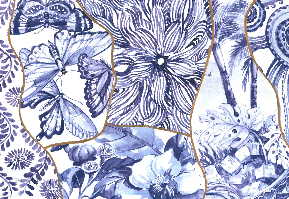 Padrao azul e branco com borboleta, flores e palmeiras, da serie "Crack in Blue"