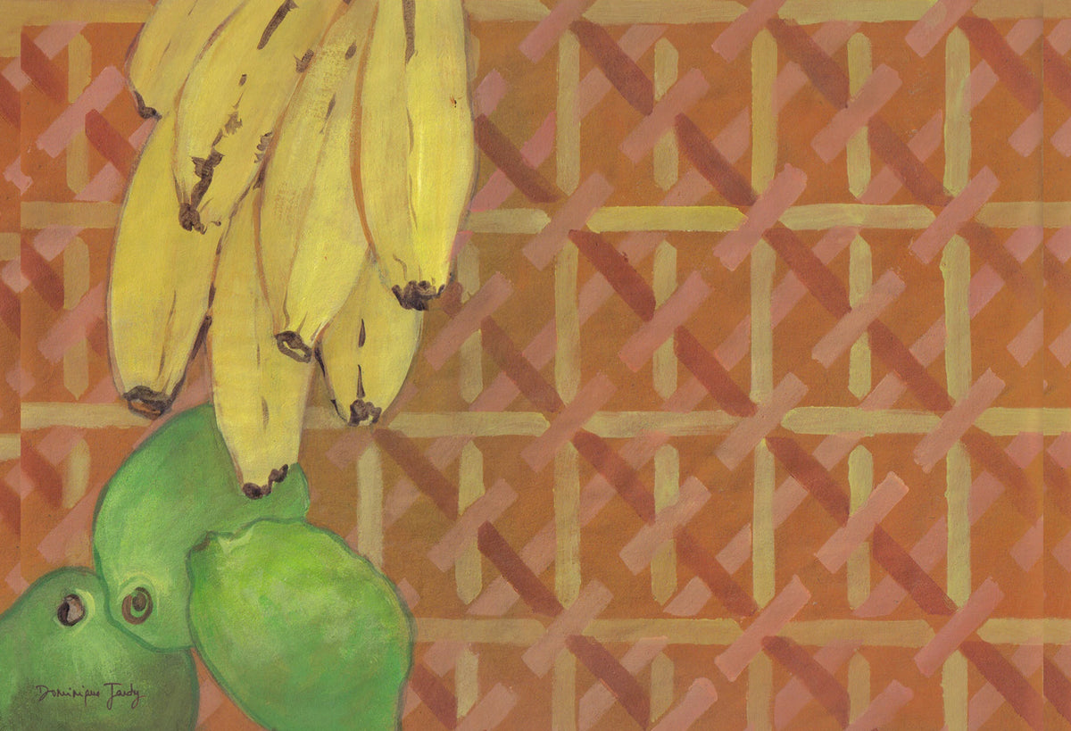 Bananas e frutas verdes sobre padrao geometrico, da serie "Frutas Tropicais"