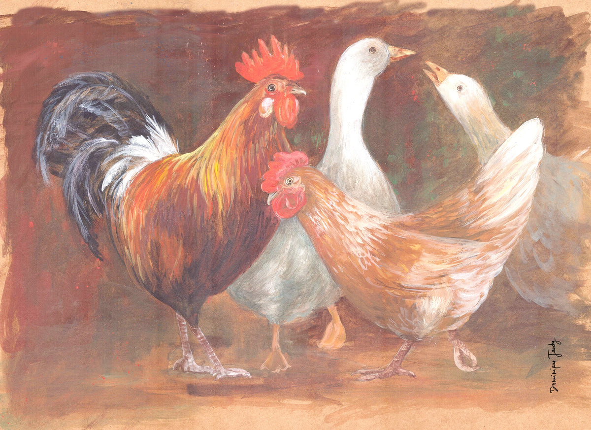 Galo, galinha e patos em pintura sobre fundo terroso, da serie "New and Mixed"