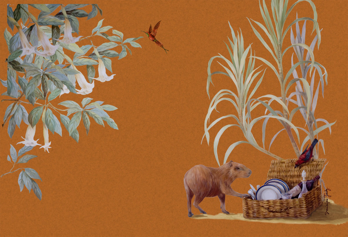 Capivara com cesta de piquenique sobre fundo canela, da serie "Solar do Imperio"
