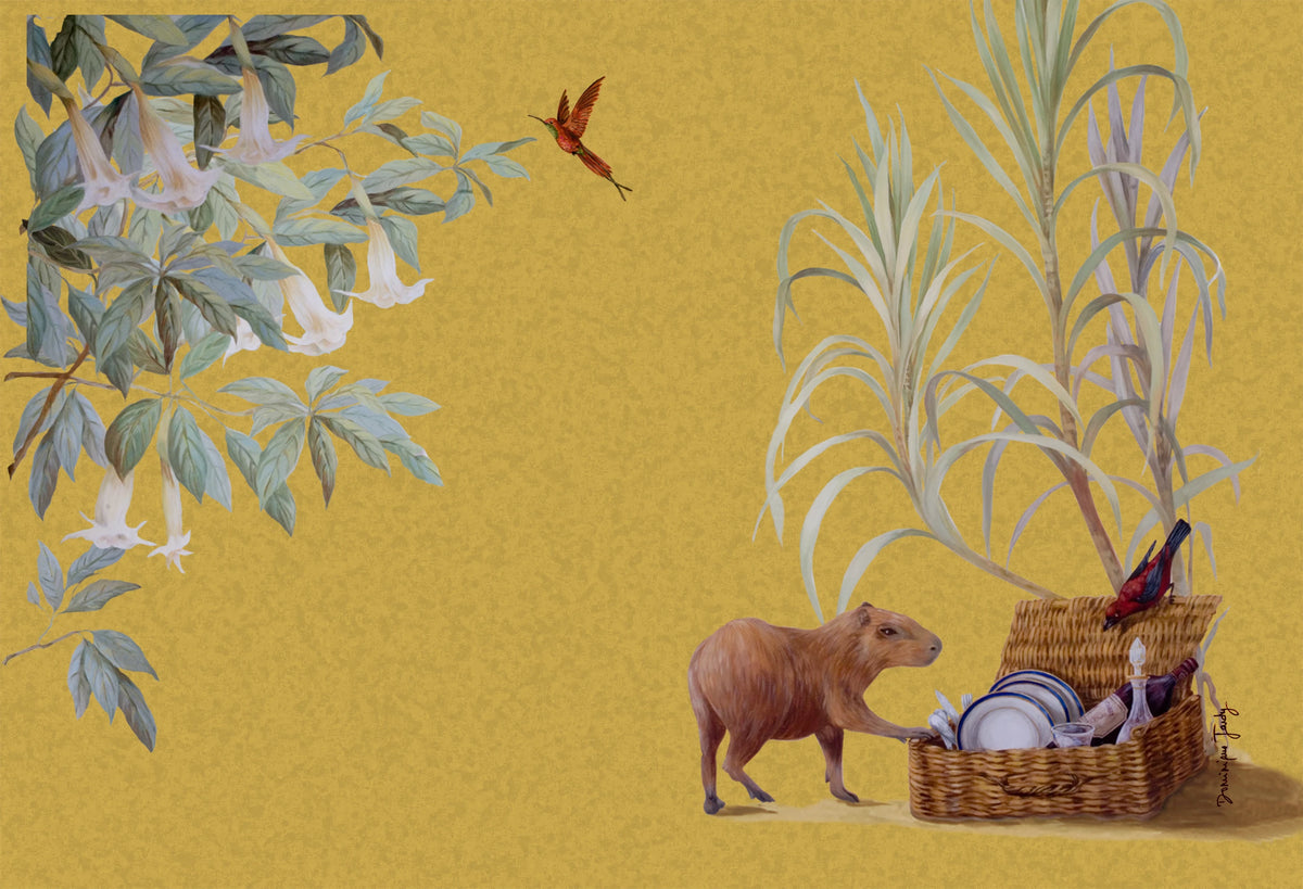 Capivara com cesta de piquenique sobre fundo dourado, da serie "Solar do Imperio"