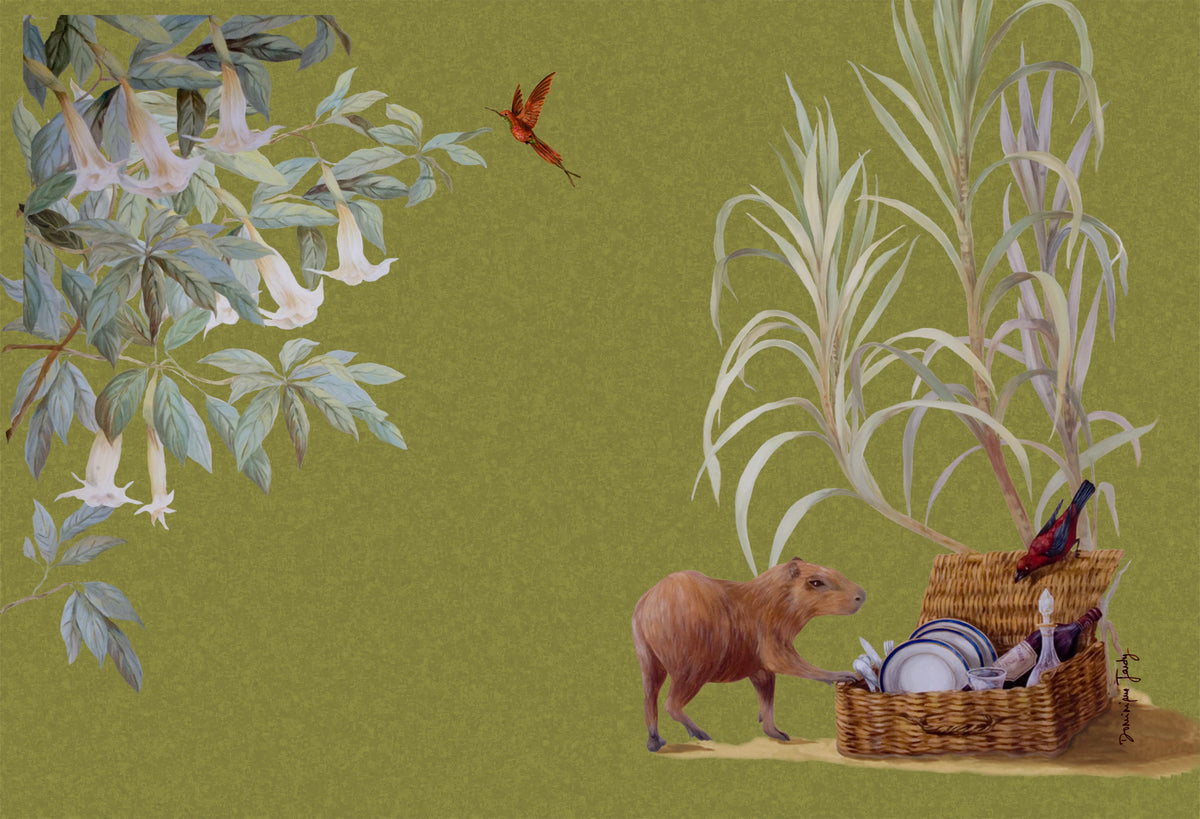Capivara com cesta de piquenique sobre fundo oliva, da serie "Solar do Imperio"