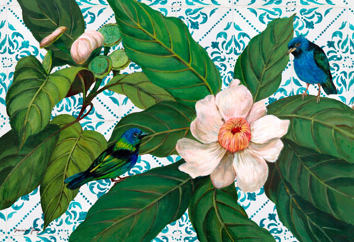 Tangaras e flor de gustavia sobre fundo de azulejos, da serie "Tangara Azulejo"
