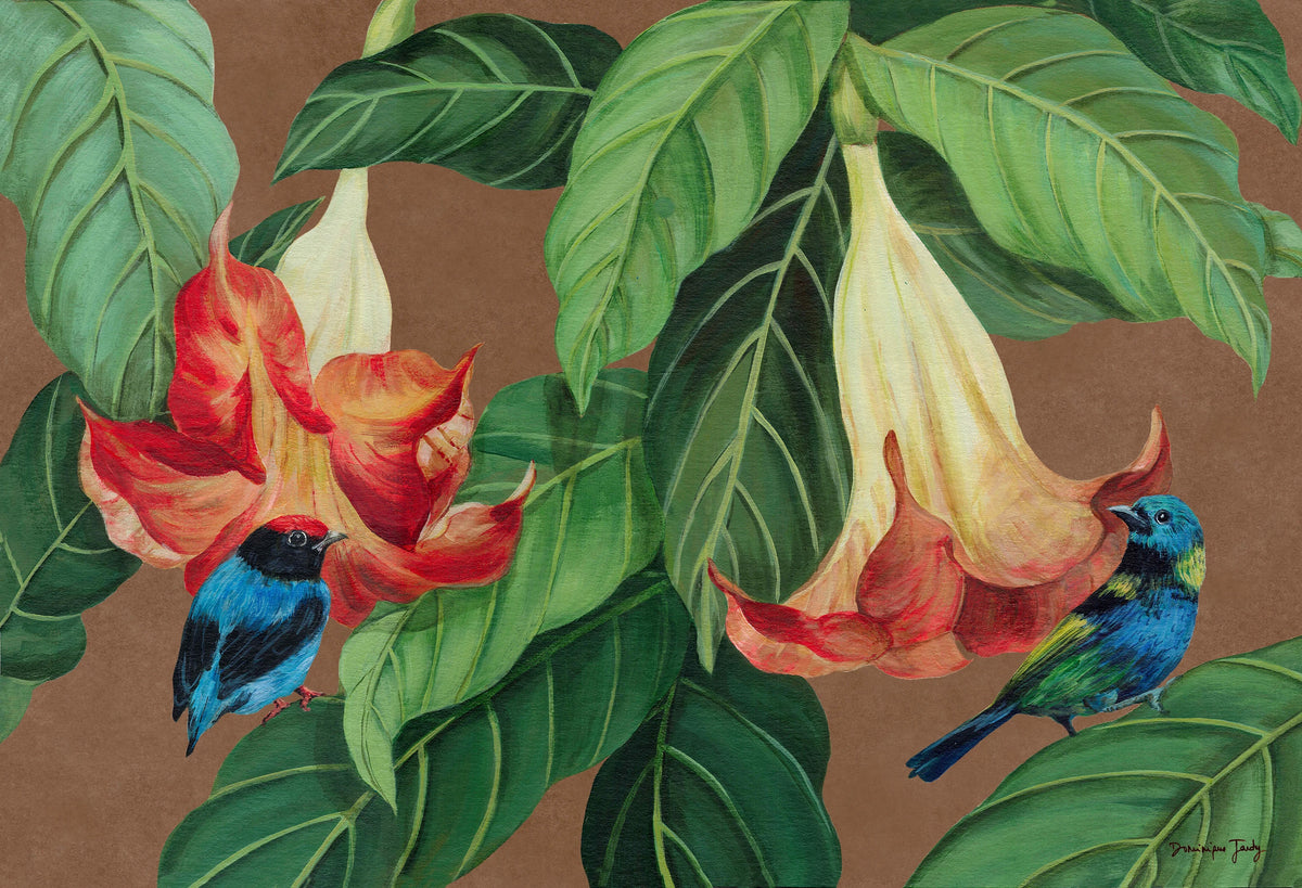 Tangaras entre flores de datura sobre fundo canela, da serie "Tangara Canela"