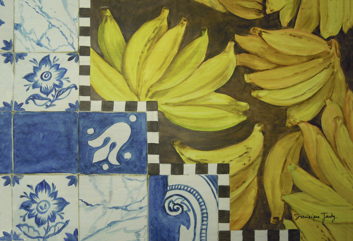 Jogo americano "Costa Verde" — Tiradentes: bananas sobre azulejos azuis e xadrez
